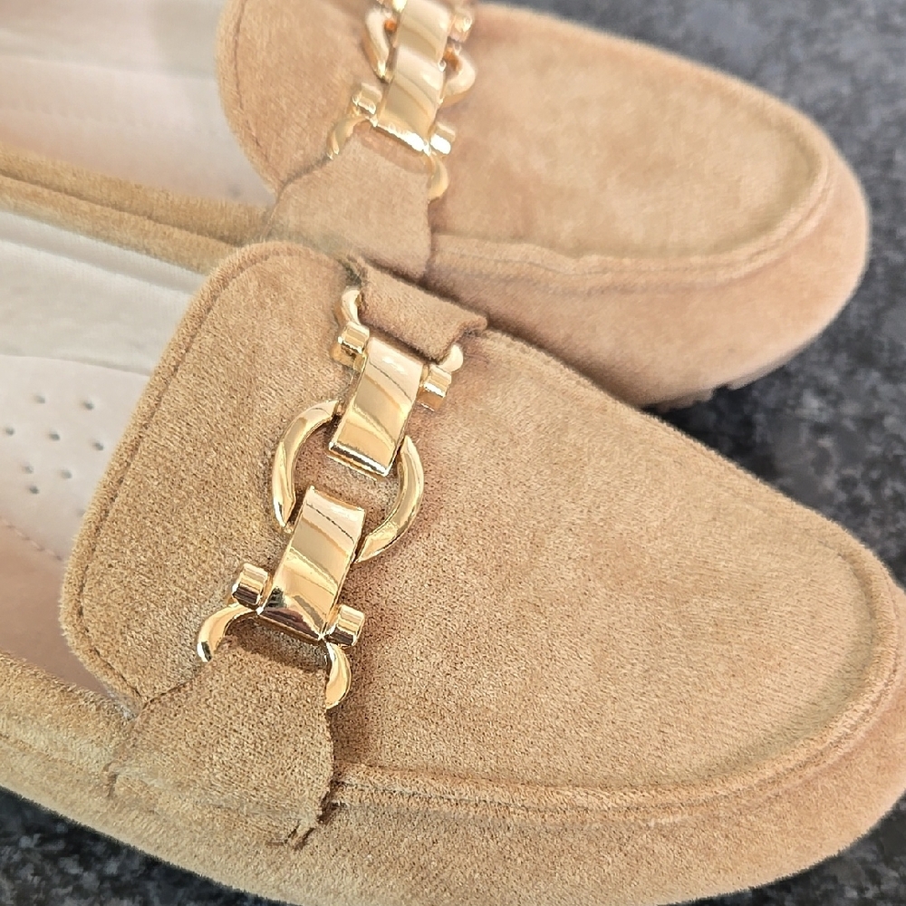 Cvistpieo Size 6 Faux Suede Tan Driving Loafers with Gold Top Buckle Accent